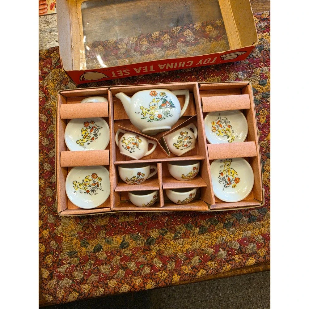 Vintage Toy China Tea Set 13 Pcs Made in Japan Miniature Deer Fawn Floral Boxed